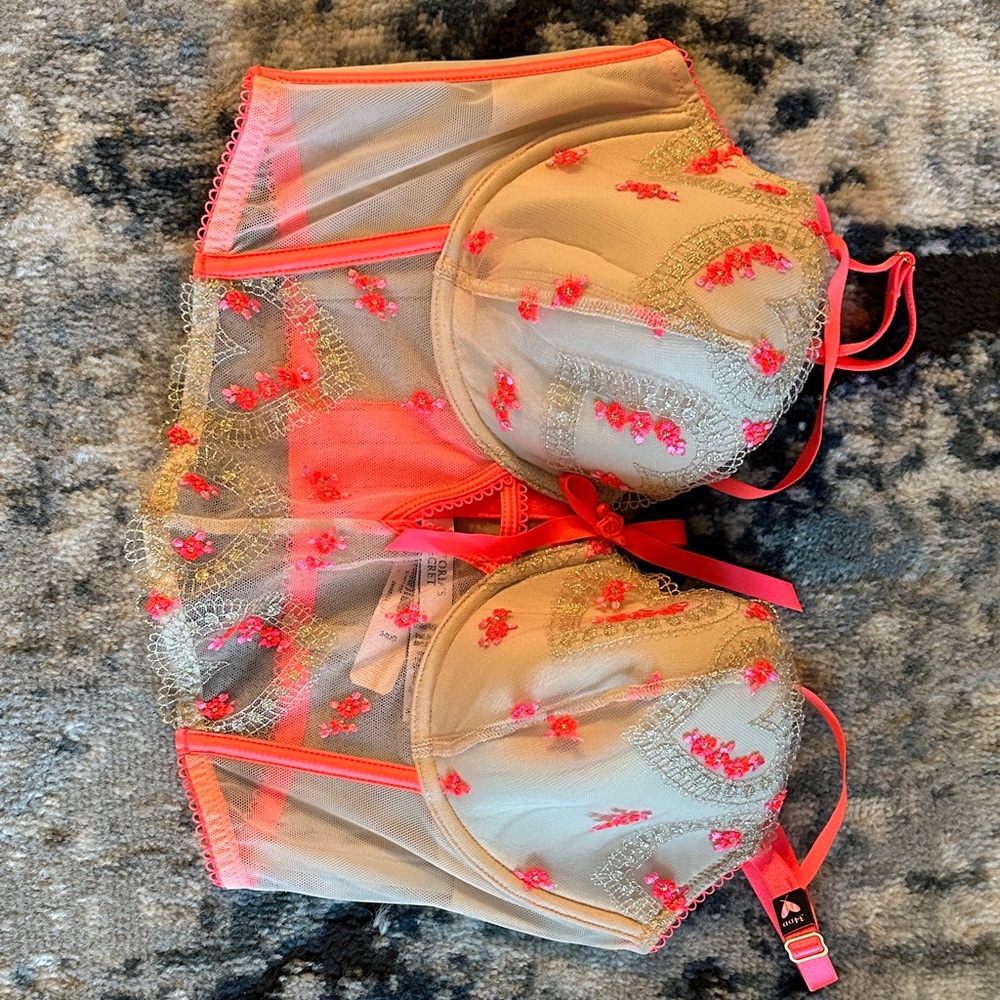 Victoria's Secret Neon Pink and Cream Lace Bra
